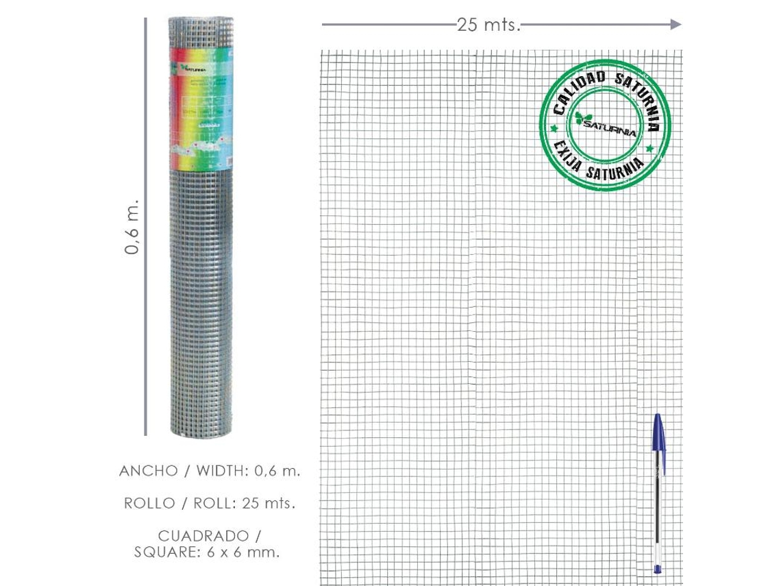 Malla Electrosoldada Galvanizada 6x6 / 60 cm Rollo 25 Metros Uso Domestico SATURNIA