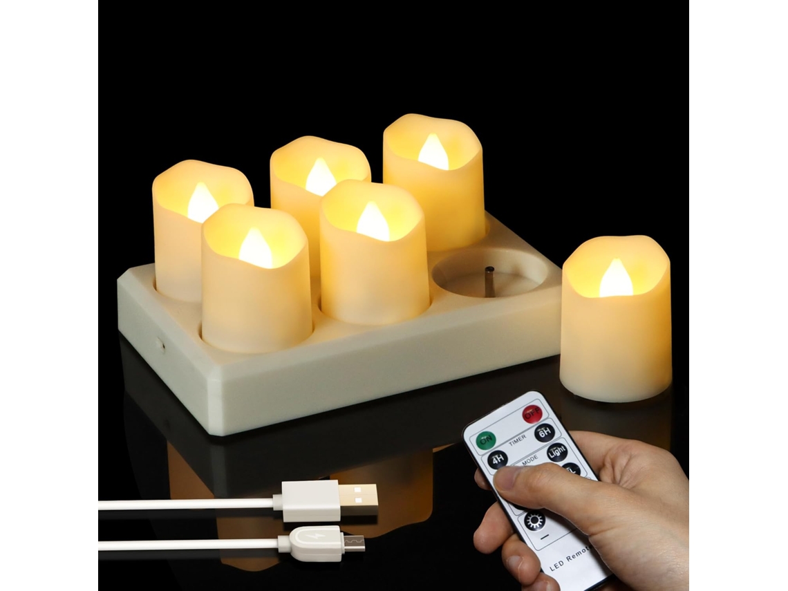 Conjunto De 6 Velas Led Recarregáveis ​​​​(tea Lights), Com Controle Remoto, Timer E Luz Branca Quente, 4 X 4,5 Cm