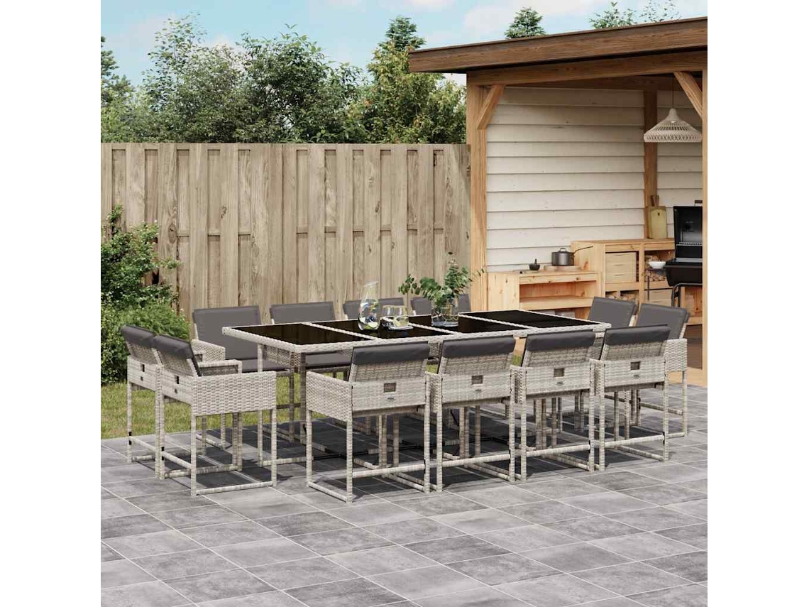 Juego de comedor de jardín de 13 piezas con cojines de mimbre gris claro, Dkd Home Decor