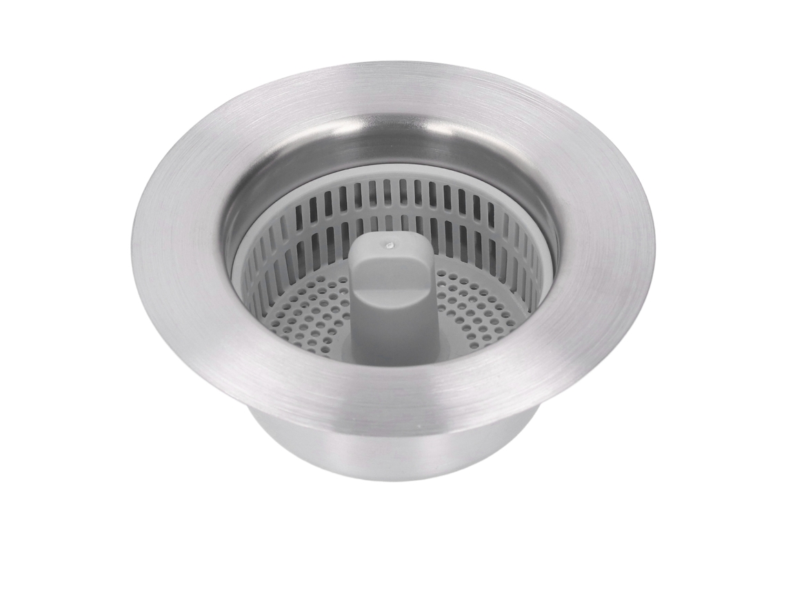 Filtro de desagüe de fregadero emergente que previene obstrucciones y olores. Colador de acero inoxidable.