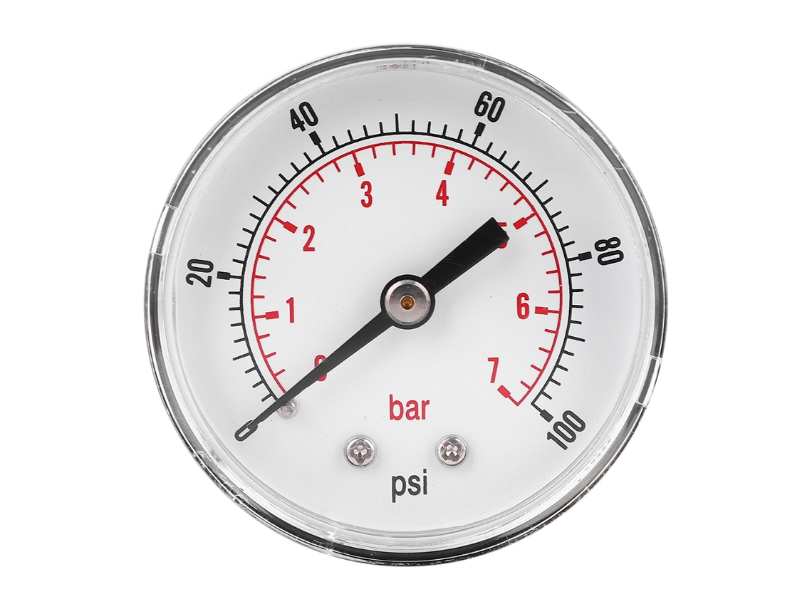 Manómetro axial de 50 mm con conexión trasera BSPT de 1/4" para aire, agua, aceite y gas, 0-100 psi, 0-7 bar.