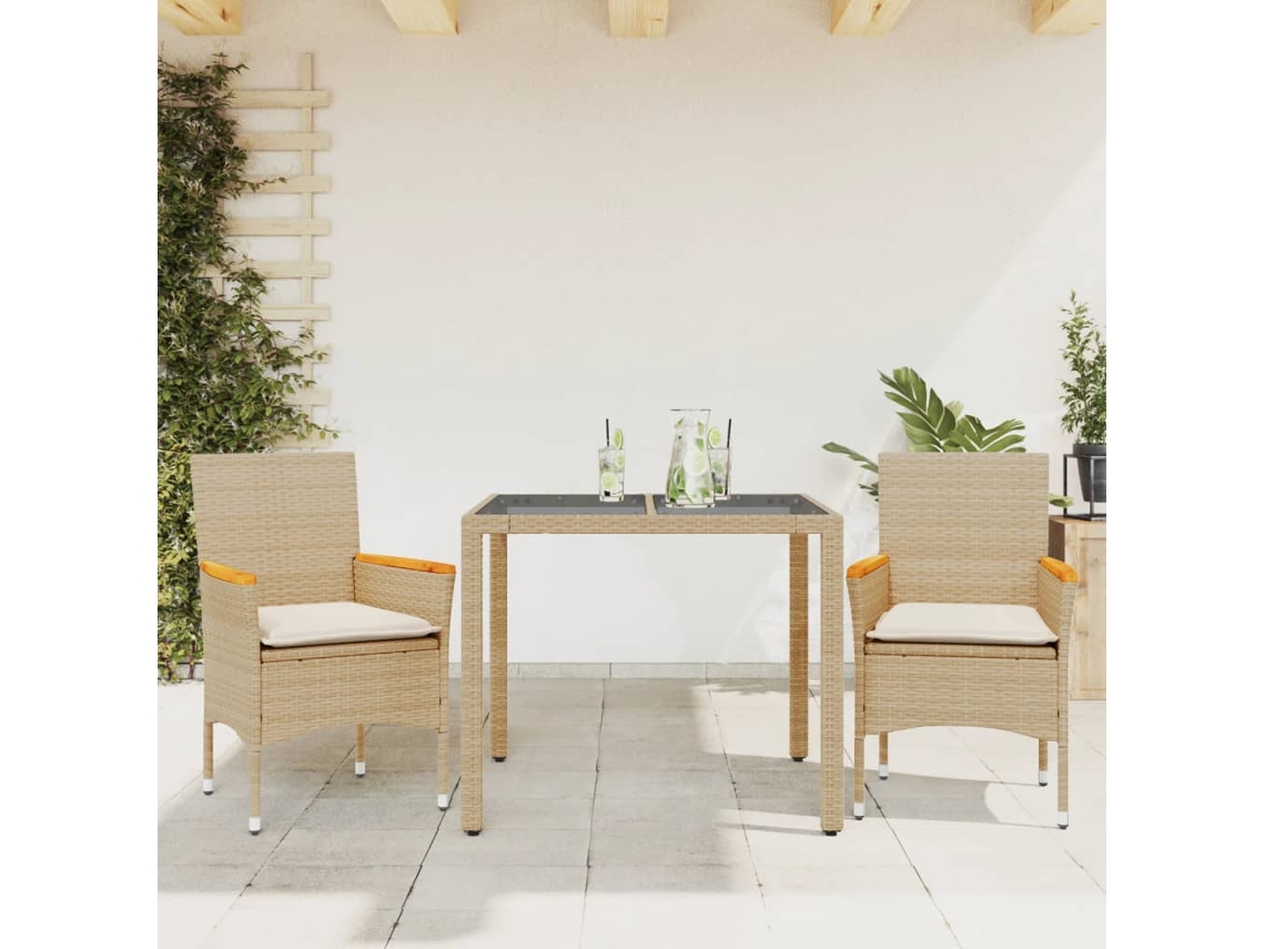 3 Piezas Conjunto Jantar Jardim Com Almofadões Vime Pe/vidro Bege Dkd Decoración Del Hogar