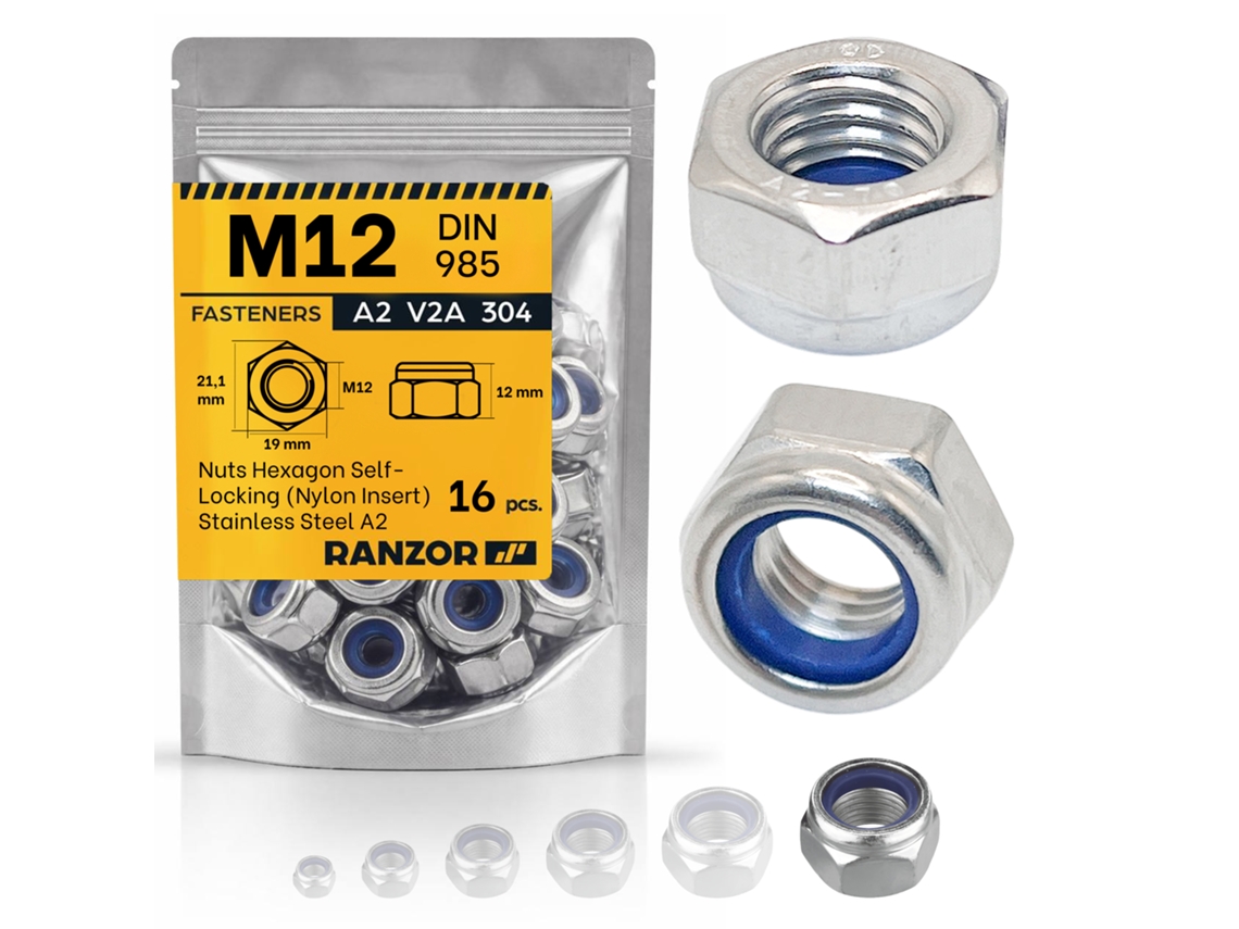 Tuerca Autoblocante Inox A2 Din 985 M12 (16 Un.) Ranzor | Hex Lock Nut Stainless Steel Aisi 304