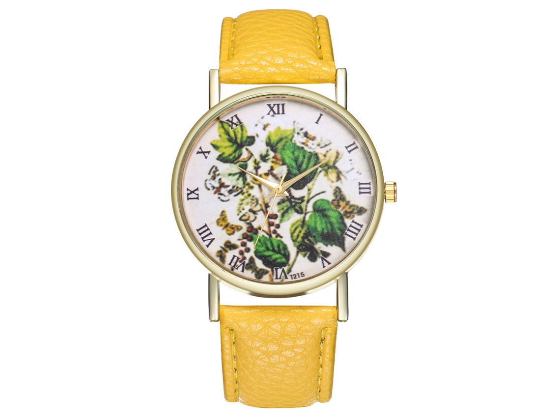 Elegante Reloj De Pulsera Analógico Con Bisel Redondo Y Movimiento De Cuarzo Amarillo.