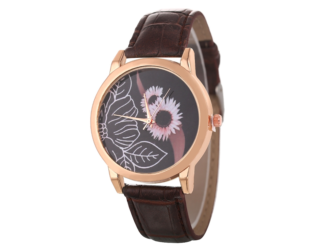 Reloj De Cuarzo De Piel Pu Para Mujeres Y Hombres Con Floral Dial Redondo Café