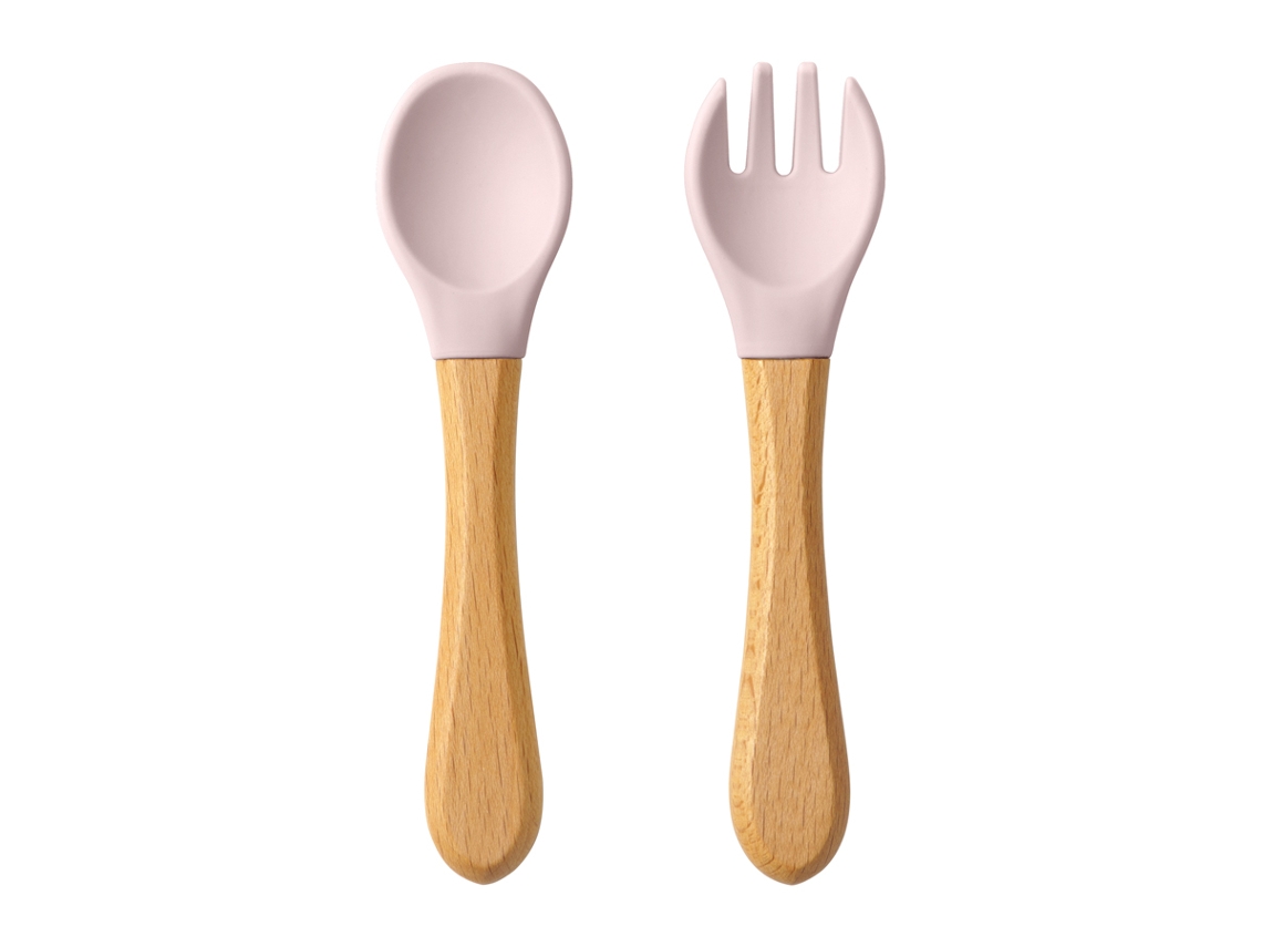 (morado) Un Juego De Dos Vajillas Para Bebé De Silicona Y Madera Con Mangos De Madera.