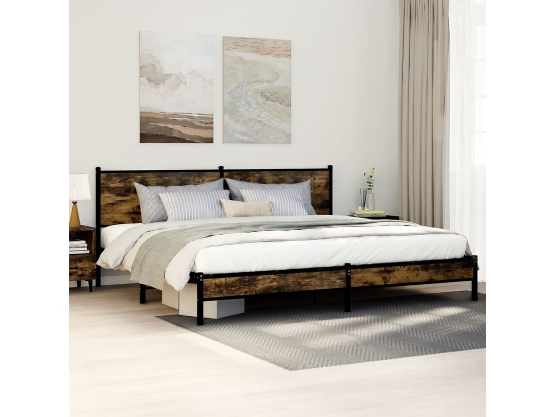 Estructura De Cama Sin Colchón Metal Roble Ahumado 193x203 Cm