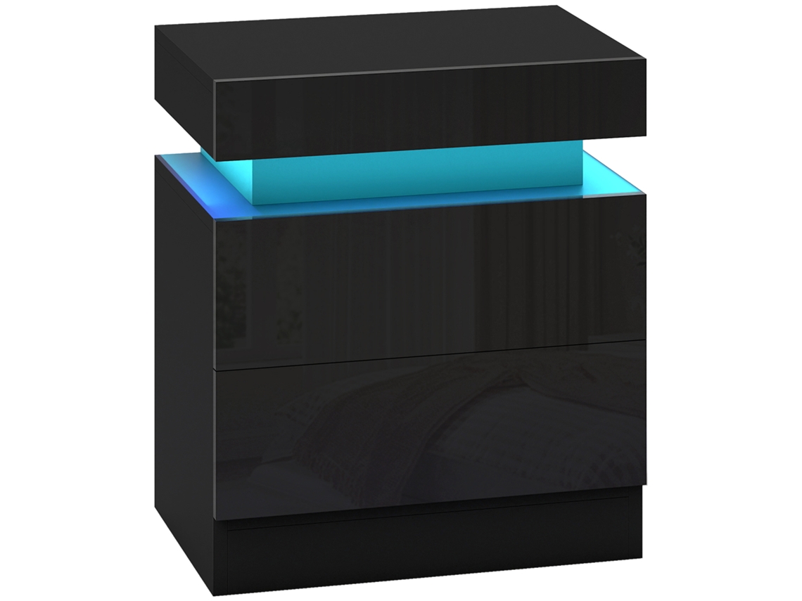 Mesita Noche Led Rgb Alto Brillo 2 Cajones Negra