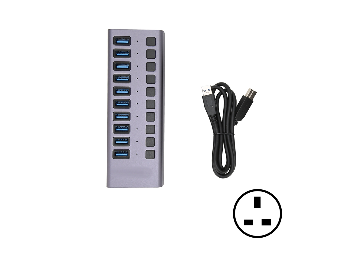 Concentrador Usb3.0 10 Puertos Estación De Acoplamiento Transmisión Rápida Interruptor De Alimentación Individual Uk Gris