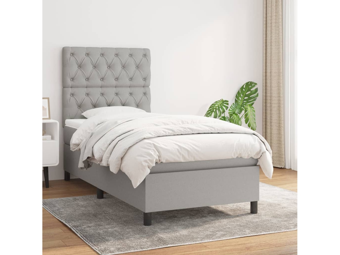 Cama Box Spring Con Colchón Tela Gris Claro 80x200 Cm