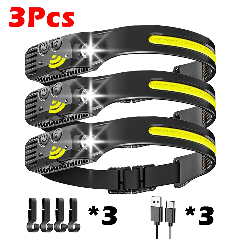Linterna frontal con sensor LED COB, batería interna, 5 modos, recargable por USB, ideal para camping y trabajo nocturno. Aeuzwr