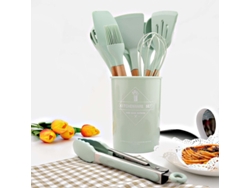 Conjunto de Utensílios Cozinha Silicone Verde Menta com 1 Peça Espátula Antiaderente Pá Cabo Madeira Ferramentas 