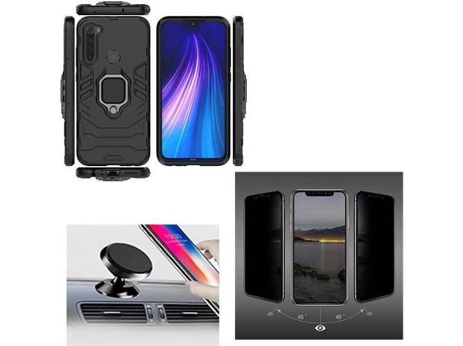 Kit Carcasa, Protector de Pantalla 5D Privacy y Soporte Xiaomi Redmi Note 8 Military Defender Negro