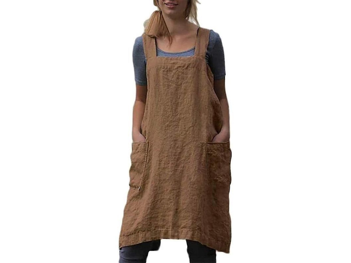 Medias de algodón y lino para mujer con bolsillos, espalda cruzada, ideales para cocinar y asar, color caqui.