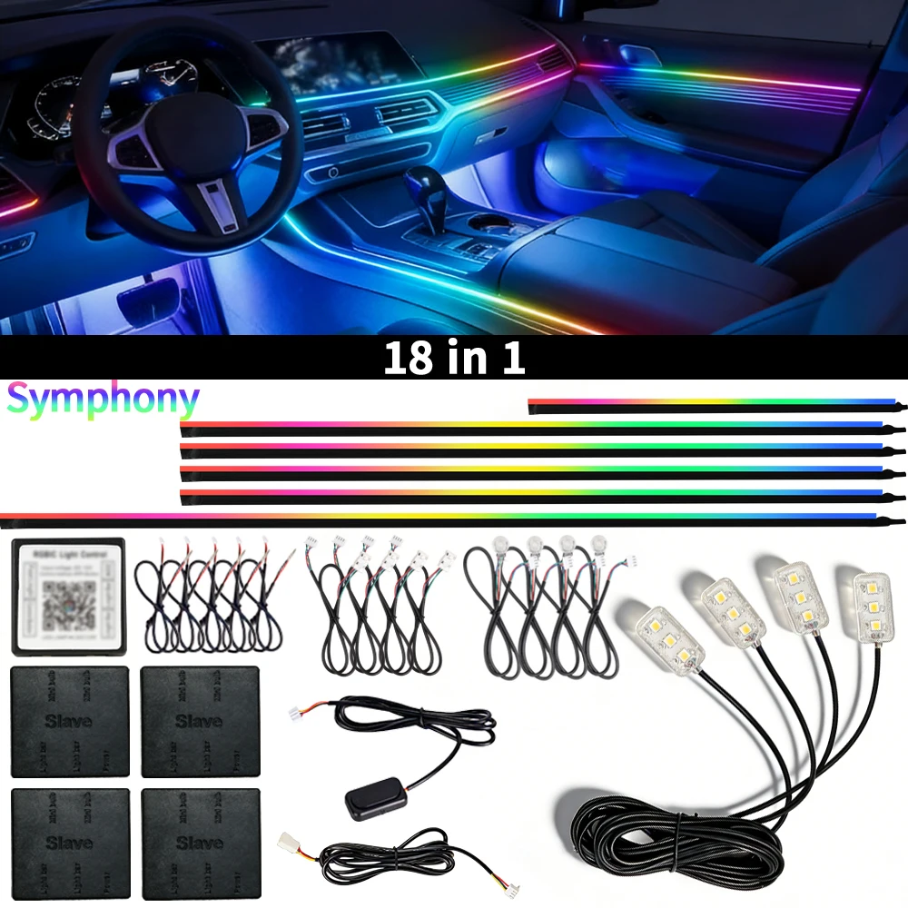 Kit de iluminación ambiental LED RGB para interior de coche, 64 colores, tira de neón acrílica, control por aplicación, 18 en 1, Symphony