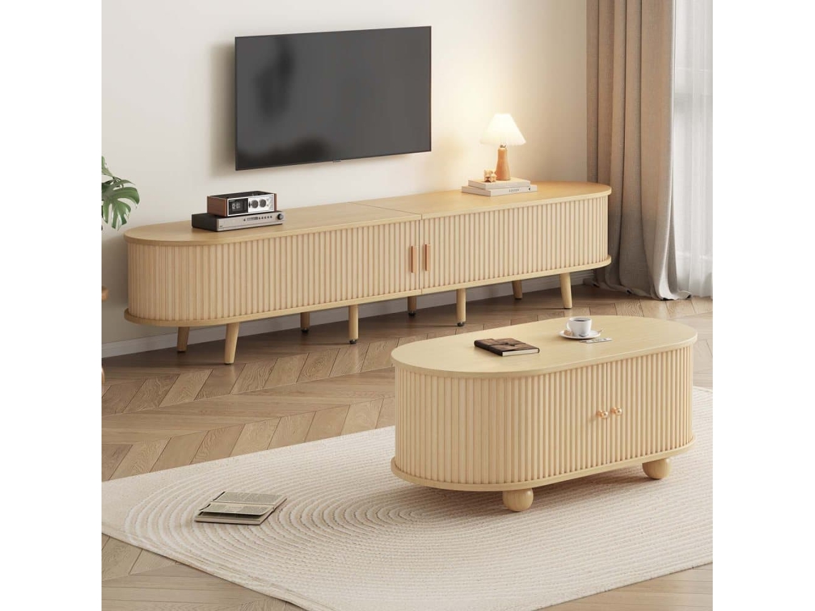 Mueble Tv + Mesa De Centro - Combinación Ovalada Con Almacenamiento - Color Madera Natural