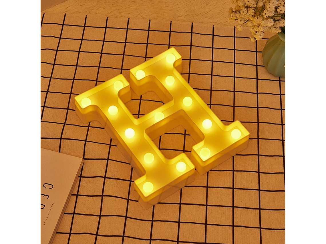 Letra LED H Iluminada con Luz Blanca Cálida, Altura 22cm, Funcionamiento a Pilas 2*AA