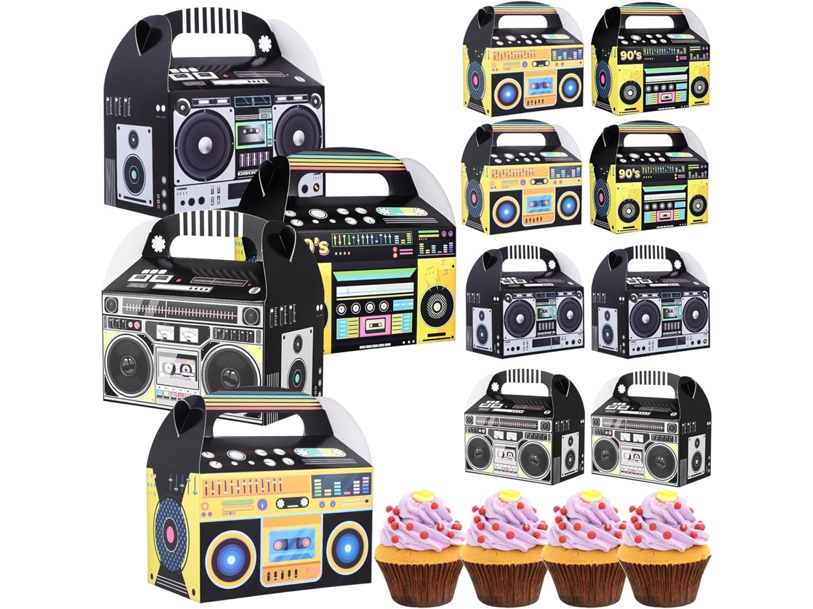 Juego de 12 cajas de papel portátiles para dulces con asas y estampados llamativos.