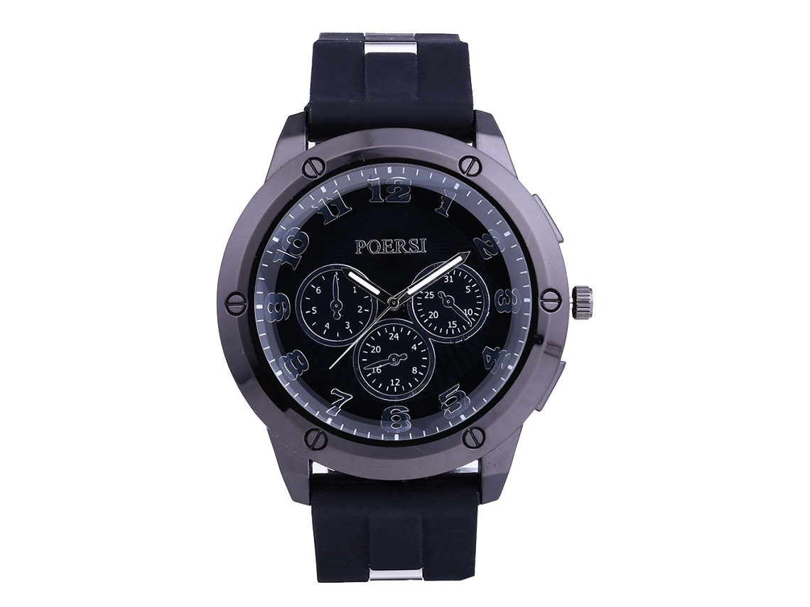 Reloj De Pulsera Hombre Casual Simple De Dial Redondo Con Tres Ojos Correa De Silicona Cuarzo Negro
