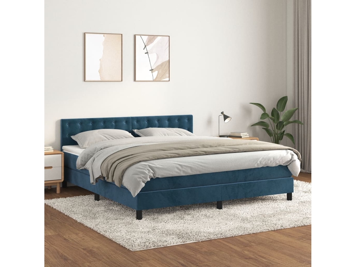 Cama Box Spring Con Colchón Terciopelo Azul Oscuro 160x200 Cm