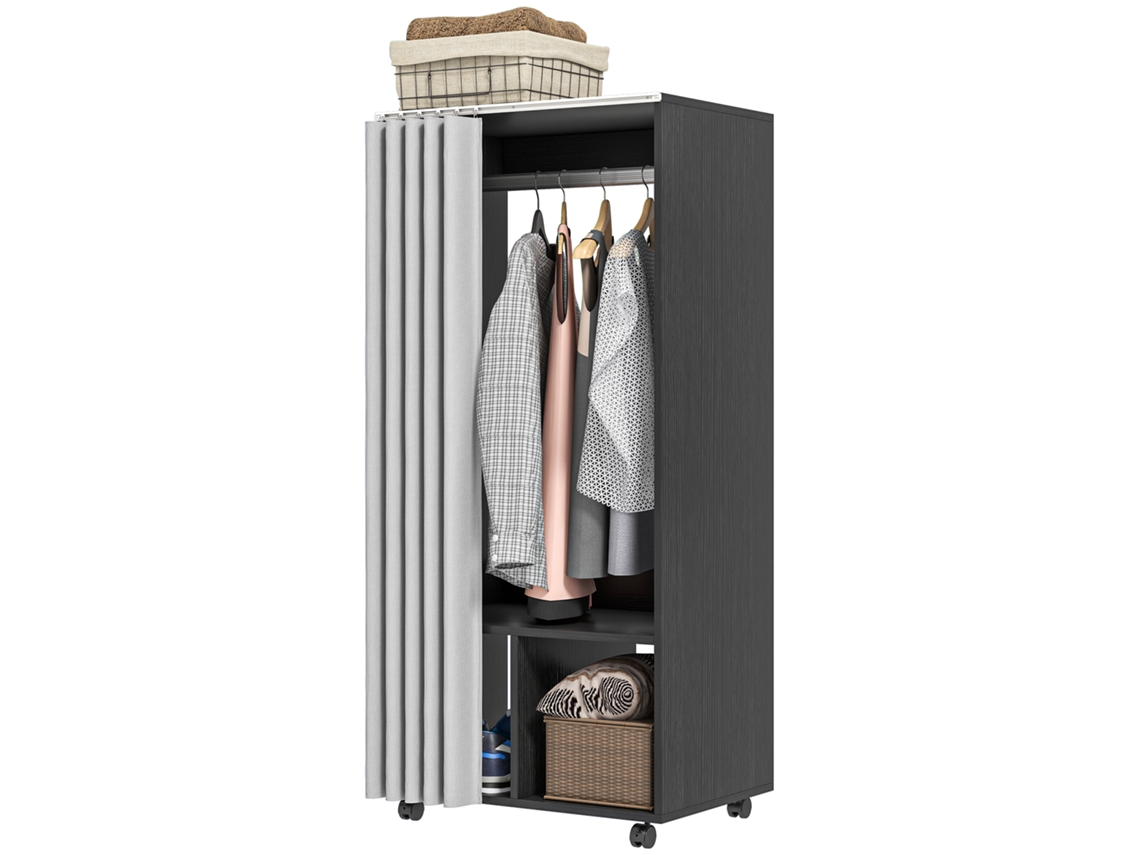 Armario, Mueble De Almacenamiento Móvil Con Cortina, Paneles De Aglomerado, Barra Para Colgar Ropa, Negro.