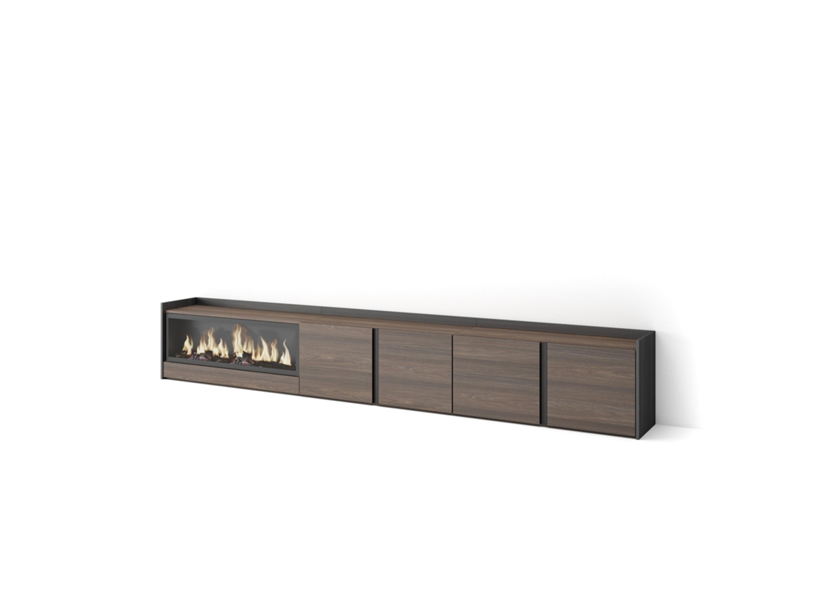 Mueble Tv, Televisión, 315x35x50cm, Para Tv Hasta 80", Chimenea Eléctrica Xxl, Roble Oscuro Y Negro