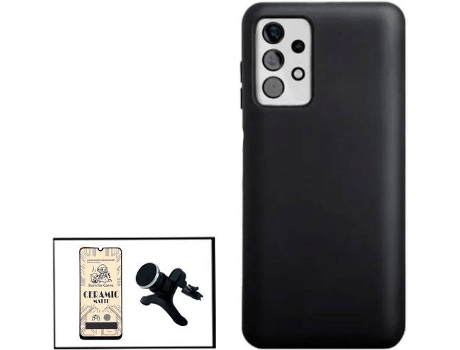 Kit Cristal Templado CeramicGlass Full Cover, Funda Silicona y Soporte Magnético de Coche Reforzado Samsung Galaxy A32 5G PHONECARE Negro
