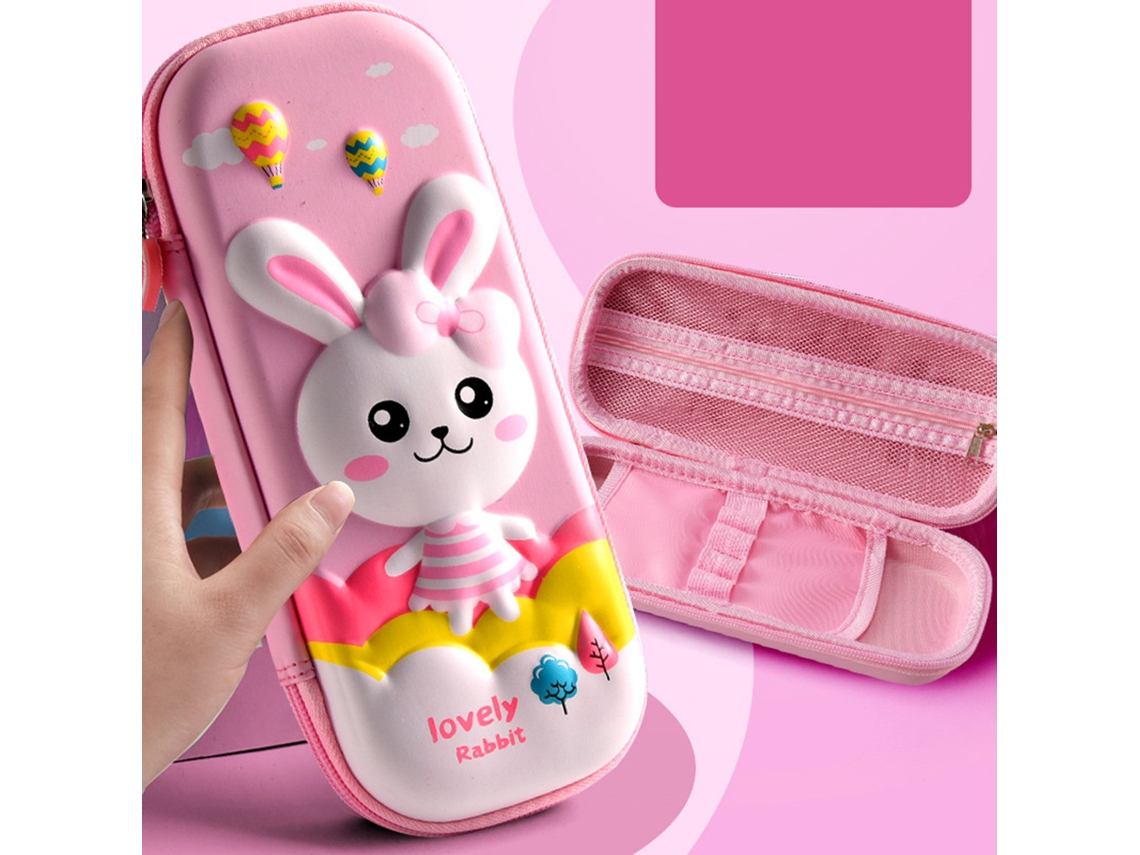Estuche De Lápices Cartoon Eva 2 Capas Caja De Papelería Grande Capacidad Cuero Pu 3d Conejo Rosa Bonito