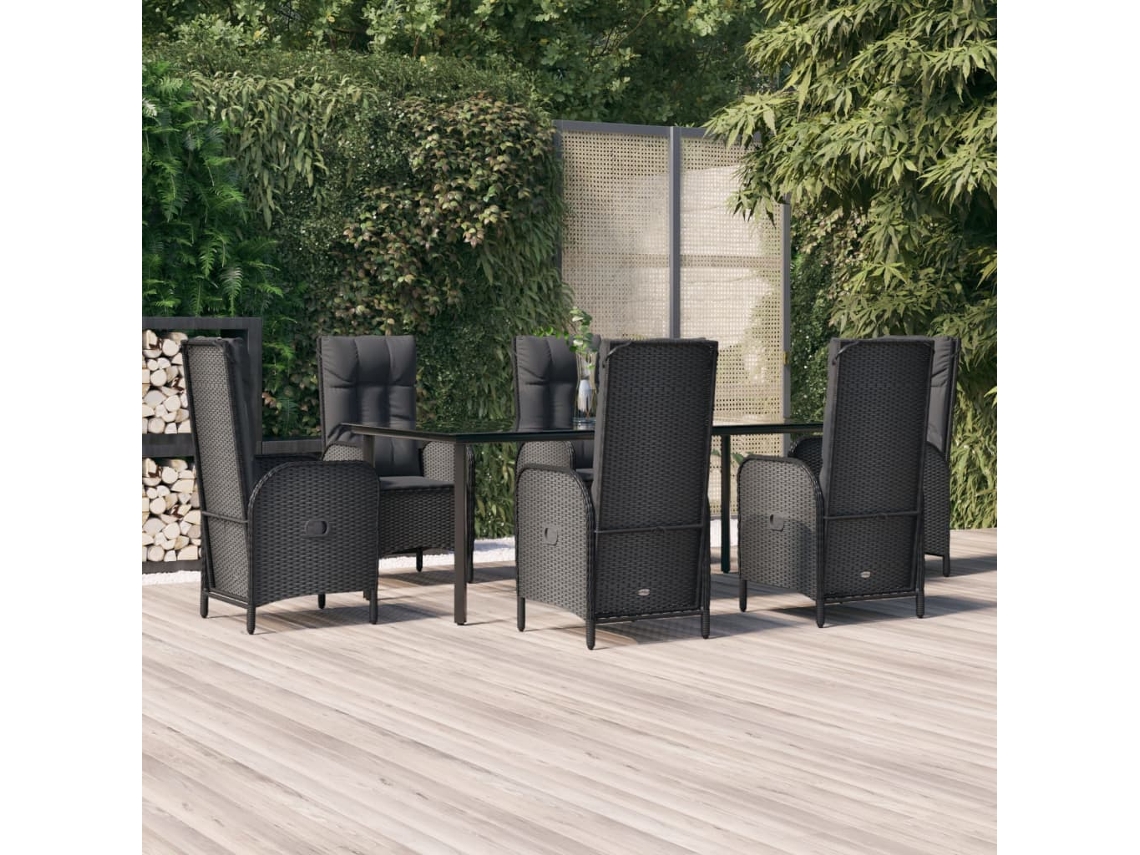 Juego de comedor de jardín de 7 piezas con cojines, mimbre sintético negro, DKD Home Decor