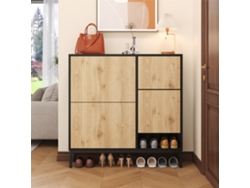 Zapatero con banco plegable, 3 puertas basculantes, estilo negro y natural