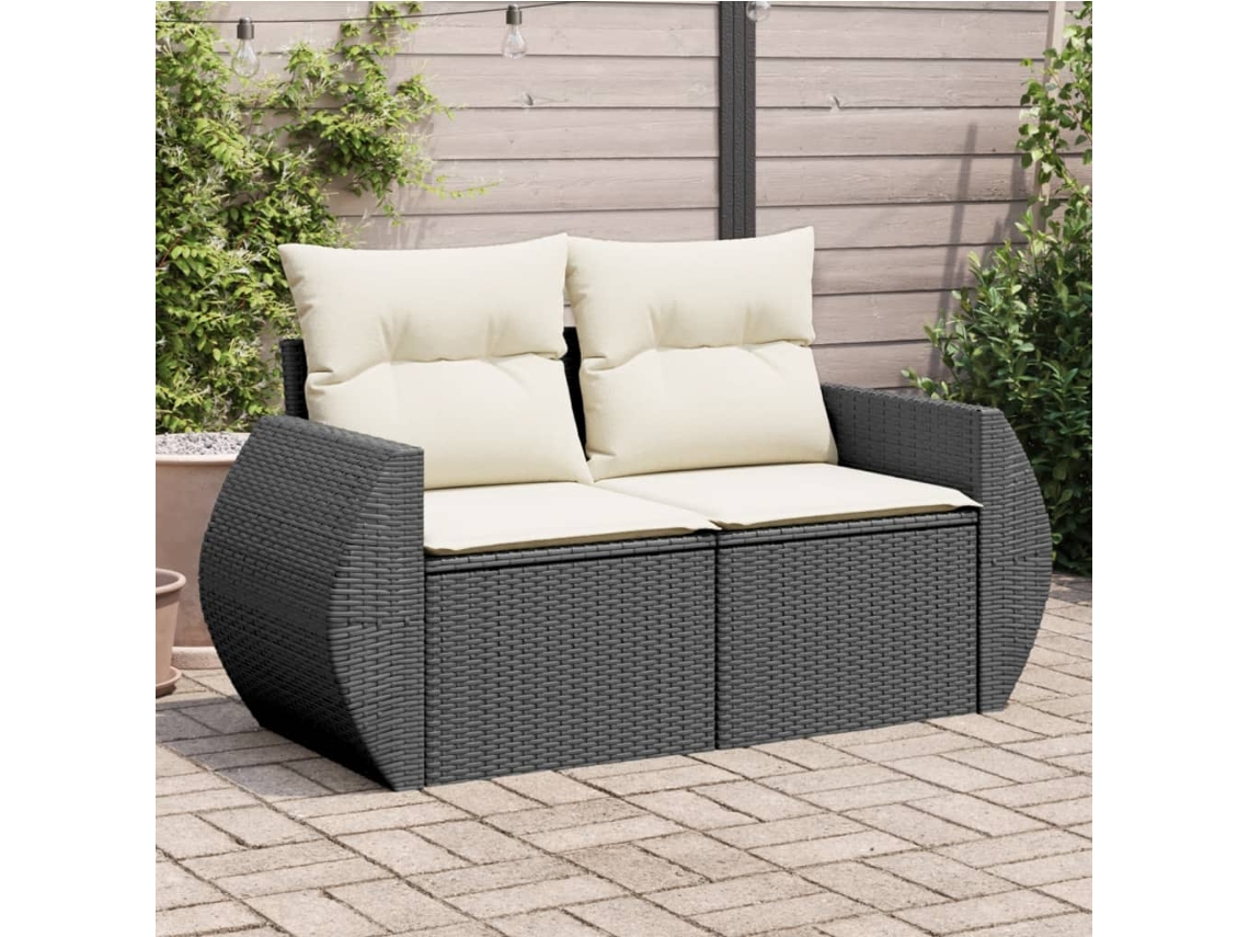 Sofá de jardín de 2 plazas con cojines, mimbre, negro, PE, Dkd Home Decor