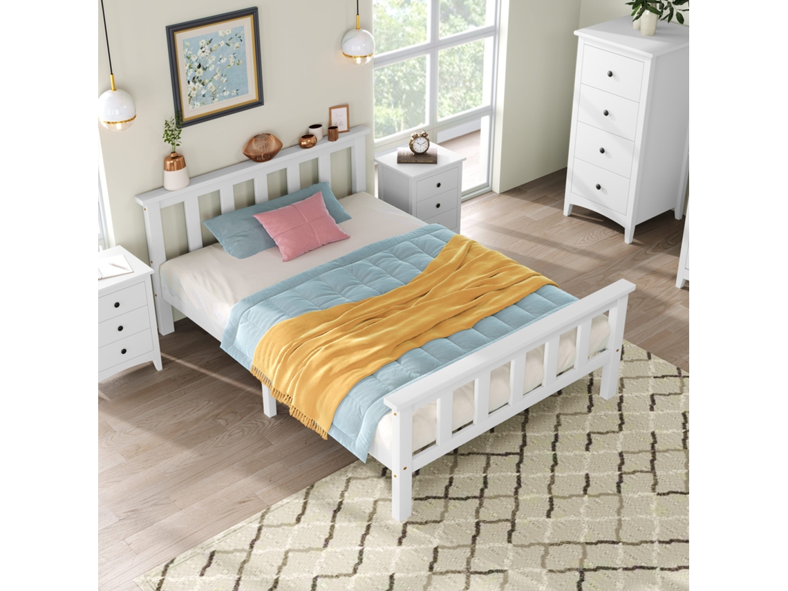 Cama individual de 90 x 200 cm de madera maciza con cabecero y somier de láminas blanco Mobrio
