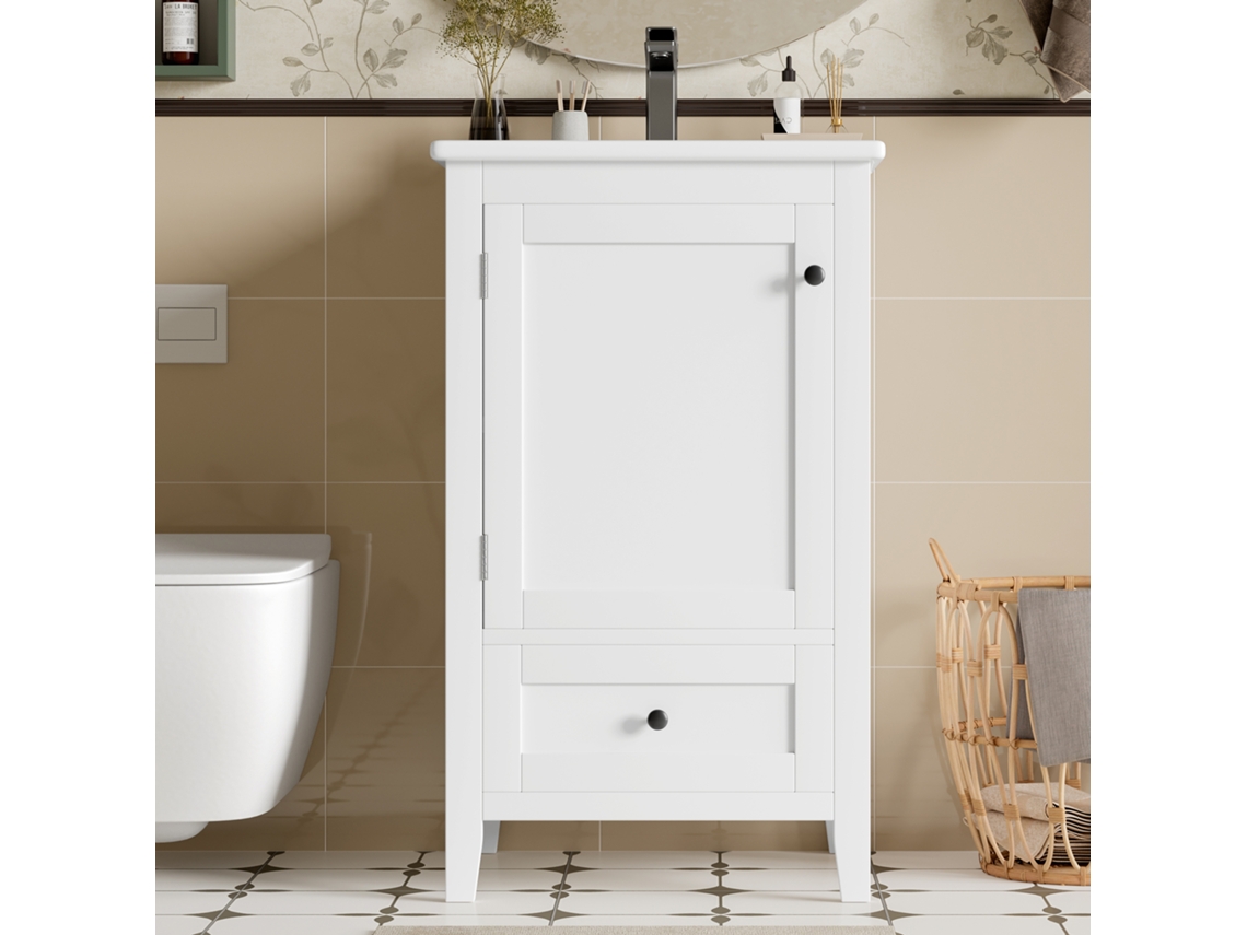 Mueble de baño con patas y lavabo cerámico, 1 puerta y 1 cajón, color blanco Mobrio (grifo no incluido)