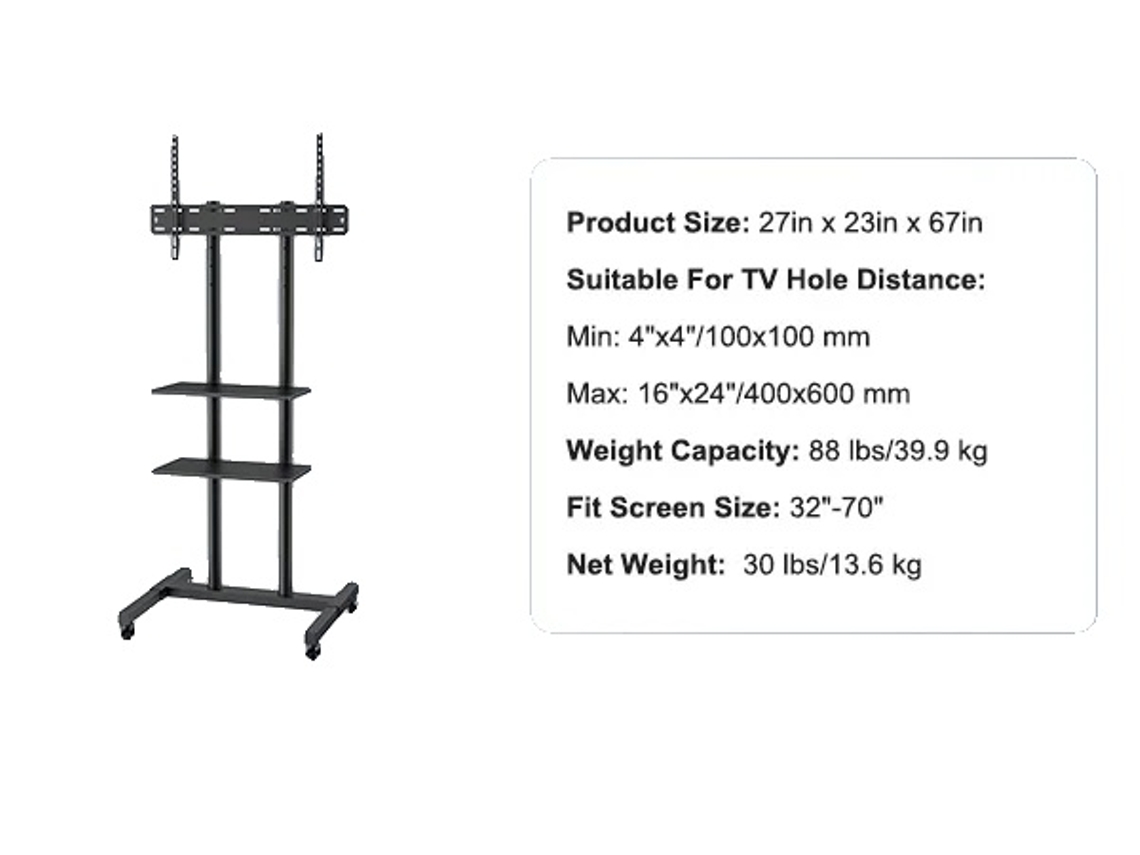 Soporte para TV, altura ajustable, móvil con doble bandeja, 32 x 70 pulgadas, OEM