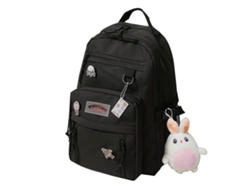 Mochila escolar de nailon con gran capacidad y un bonito colgante, ideal para viajes, universidad y colegio. Negra.