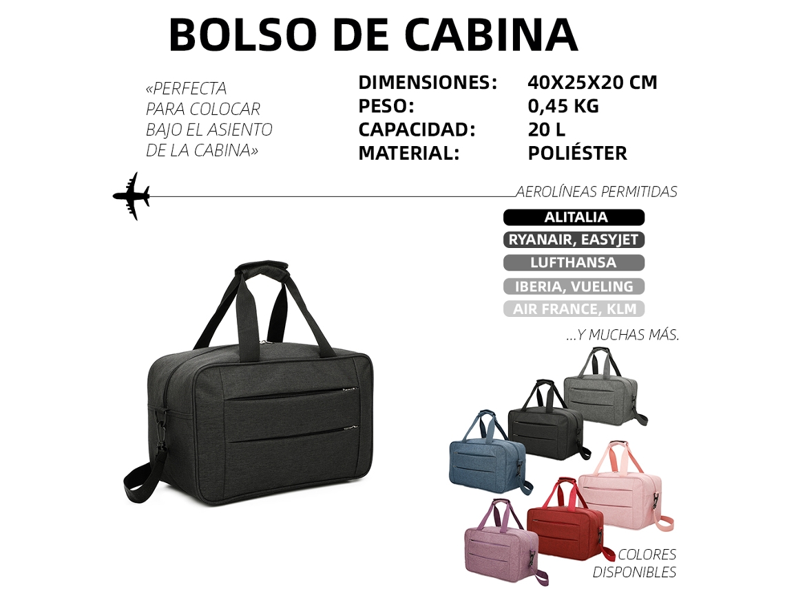 Bolsa de cabina Convertible en Mochila 40x20x25cm Ryanair 10kg equipaje de mano Bolso de cabina Vueling Negro