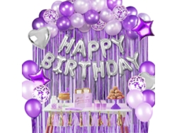 Conjunto de 37 globos decorativos de cumpleaños morados y plateados