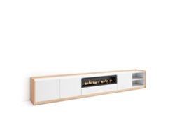 Mueble para TV, 310x37x50cm, para televisores de hasta 80'', chimenea eléctrica, blanco y roble claro.
