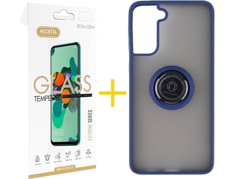 Carcasa y Protector de Pantalla de Vidrio Samsung S21 Plus ACCETEL Gel Bumper Ring Azul