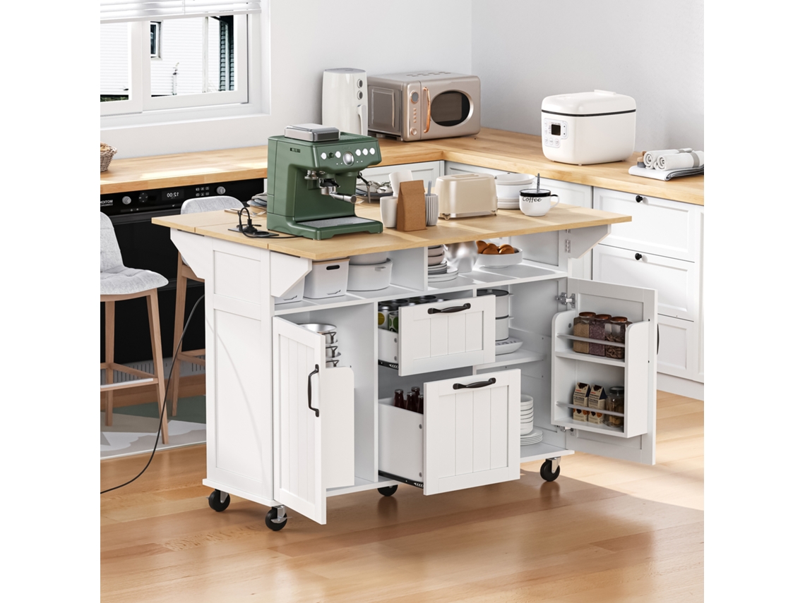 Isla De Cocina Con Ruedas, Cajones Extensibles, Toallero Y Enchufes, Color Blanco.