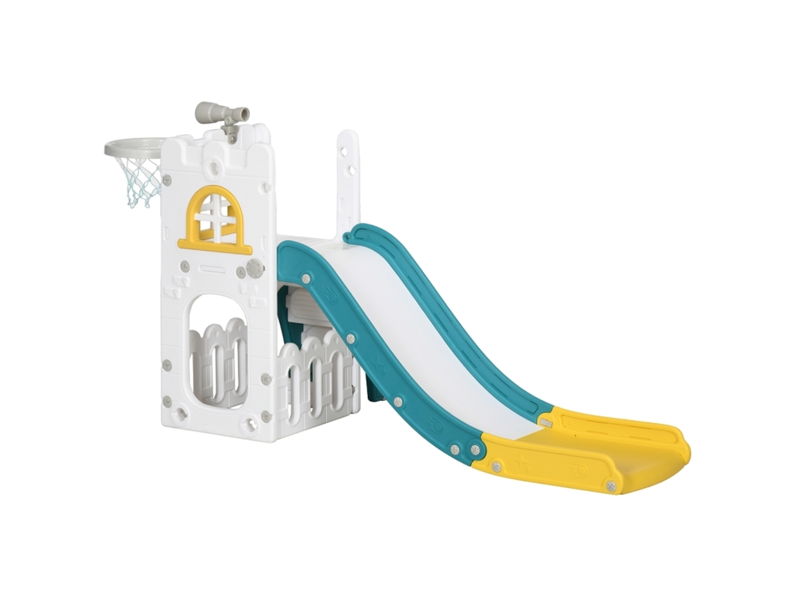 Tobogán infantil 4 en 1 con canasta de baloncesto y estructura de escalada telescópica, amarillo, 70 x 177 x 92 cm Mc Star