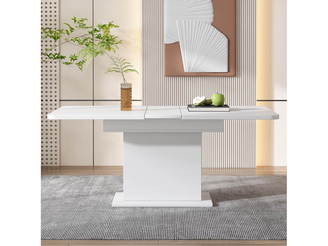 Mesa de comedor extensible moderna con espacio de almacenamiento debajo, estilo blanco