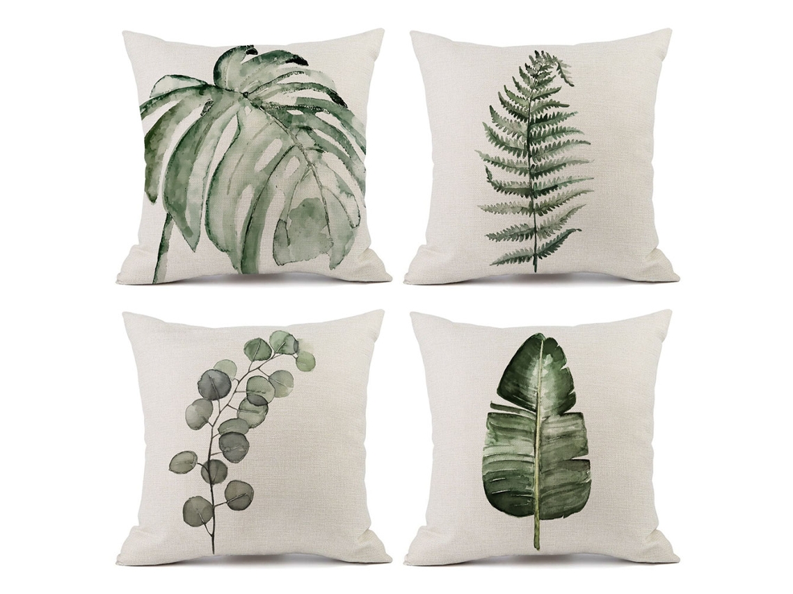 Juego De 4 Fundas De Almohada Con Estampado De Plantas Verdes, Decoración Del Hogar
