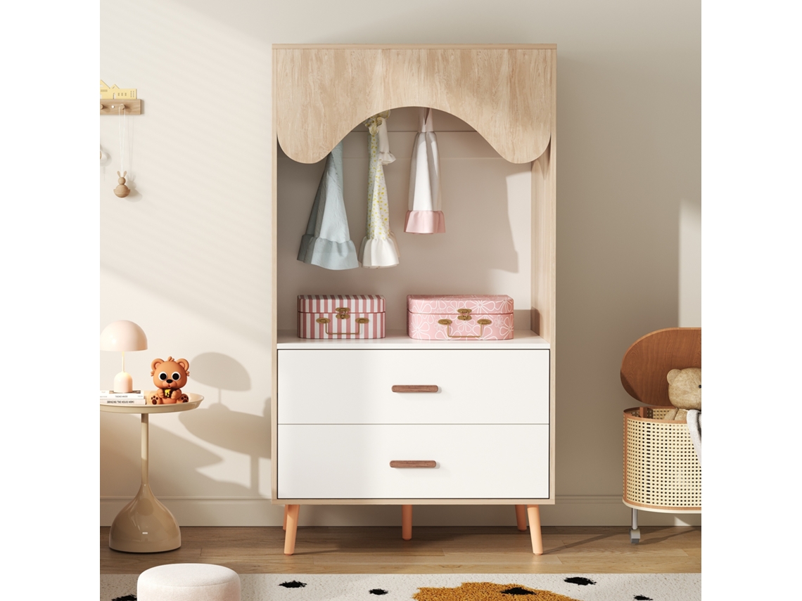 Armario infantil de 80×46×141,5 cm - Con barra y cajones, puertas abiertas, madera natural + blanco