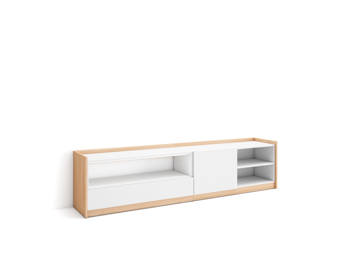 Mueble para TV, 207x37x50cm, para televisores de hasta 80'', color blanco y roble claro.