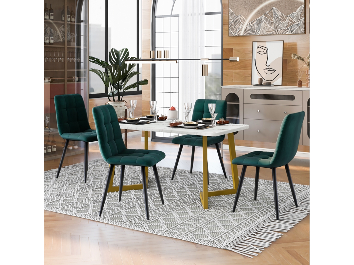 Mesa de 117 cm, 4 sillas, terciopelo verde oscuro con detalles dorados.
