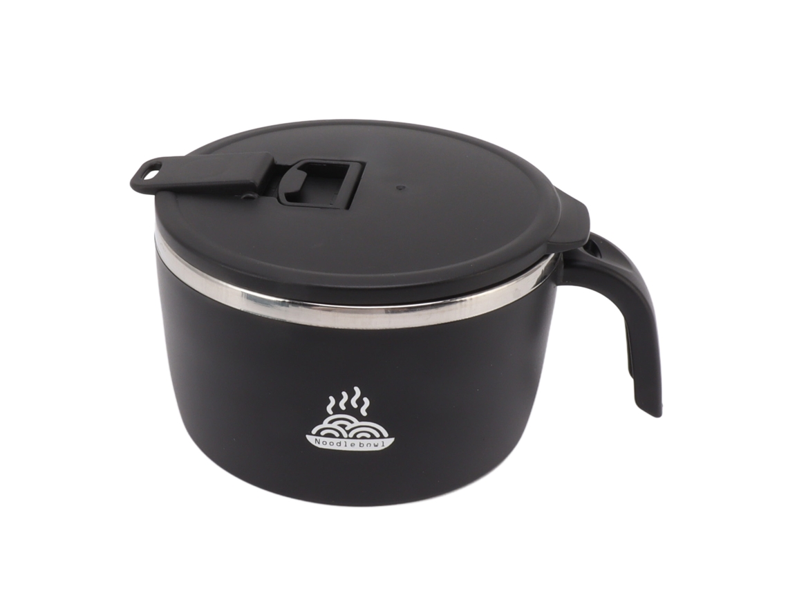 Bol De Acero Inoxidable Negro Para Fideos Instantáneos De 900 Ml Con Tapa Y Soporte Para Teléfono Móvil.