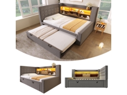 Cama Nido De 90x200 Cm, Extensible Hasta 90x190 Cm, Con Iluminación Led Y Espacio De Almacenamiento, Cabecero Con Almacenamiento, Color Gris Lino.