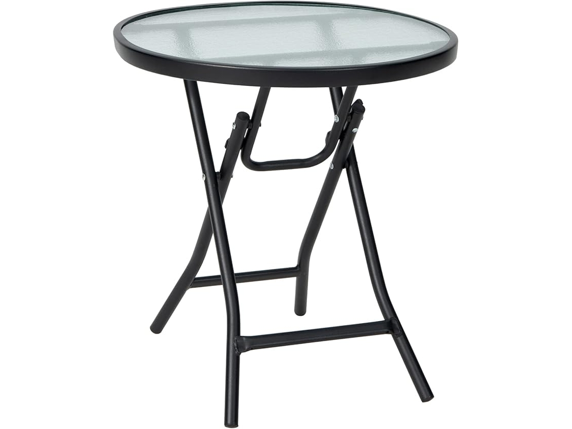 Mesa de jardín plegable redonda, mesa plegable de vidrio templado, marco resistente a la oxidación y estructura en X estable de 46 x 47 cm, para acampar y patio