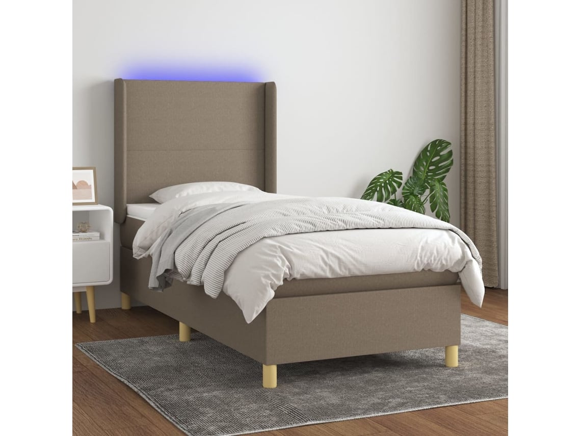 Cama Box Spring Colchón Y Luces Led Tela Gris Taupe 90x200 Cm